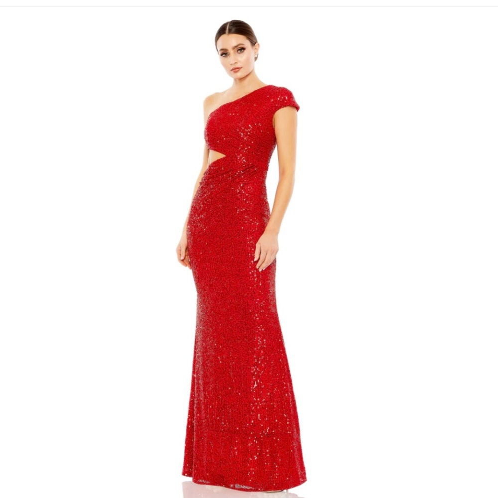 Sequined One Shoulder Cap Sleeve Cut Out Gown